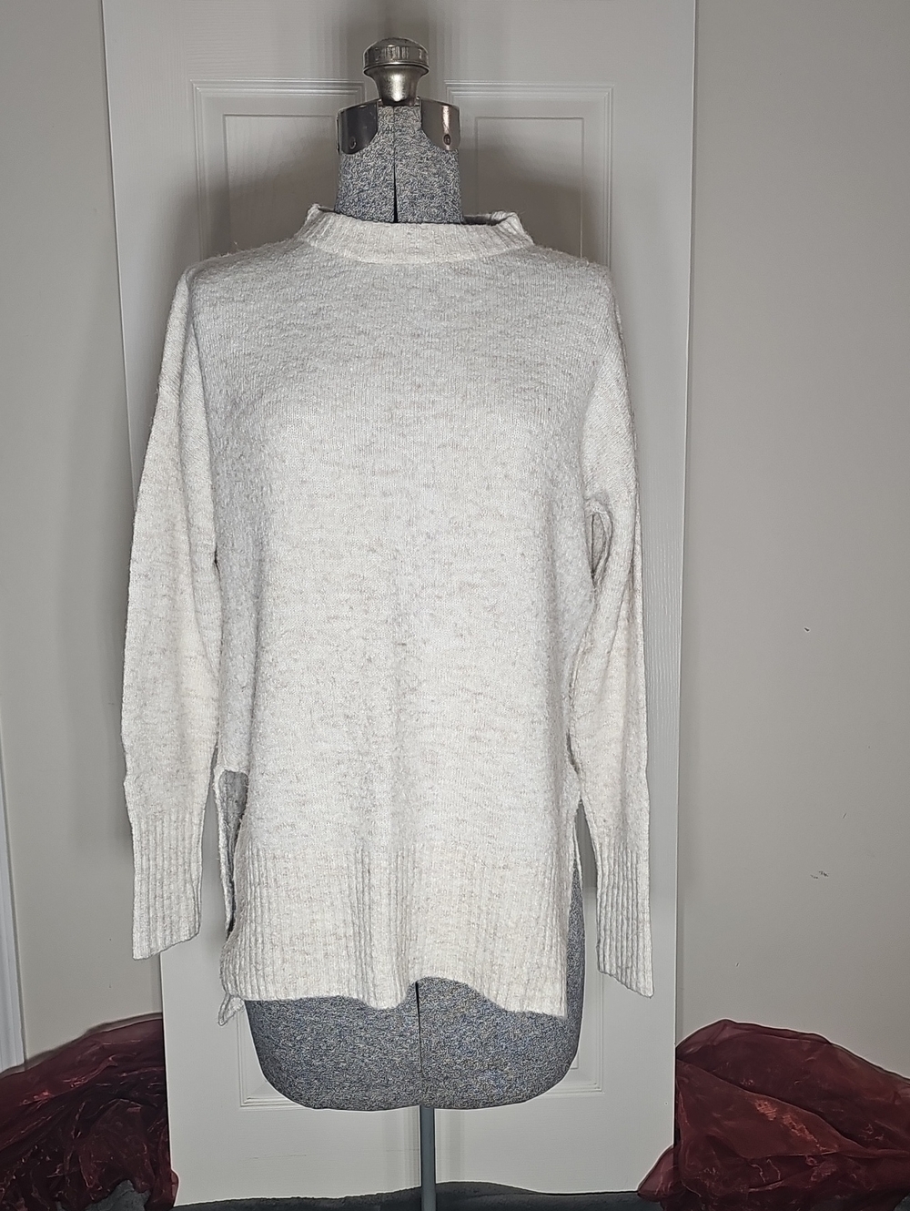 HM Divided Wool Alpaca Blend Oversized Cream Knit Tunic Sweater Side Slits XS